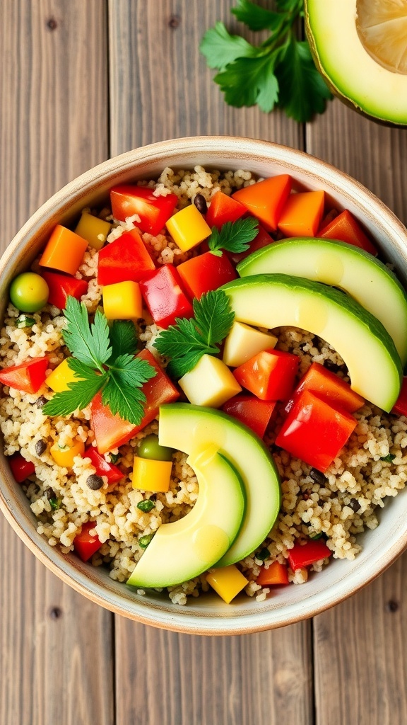 A colorful quinoa bowl with bell peppers, tomatoes, cucumber, avocado, and parsley on a wooden table.